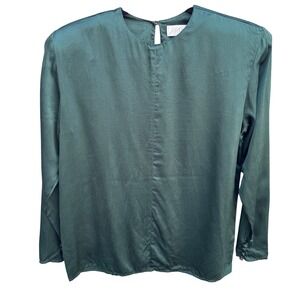 Lord & Taylor Emerald Green 100% Silk Blouse Long Sleeve Shoulder Pads Vintage